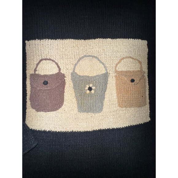 Vintage Black Knit Bucket Bag Sweater Cute Pockets Small Preppy Garden Classic - Picture 2 of 10
